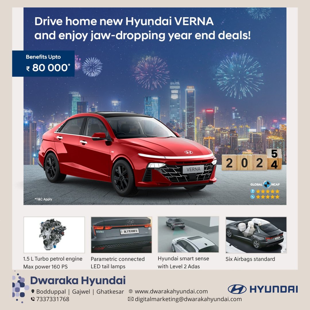 DwarakaHyundai's tweet image. Drive into the new year with style and savings! 🚗💨 Get up to ₹80,000 off on the sleek and powerful Hyundai Verna. Don’t miss this limited-time offer! #HyundaiVerna #StyleMeetsPerformance #DriveTheChange