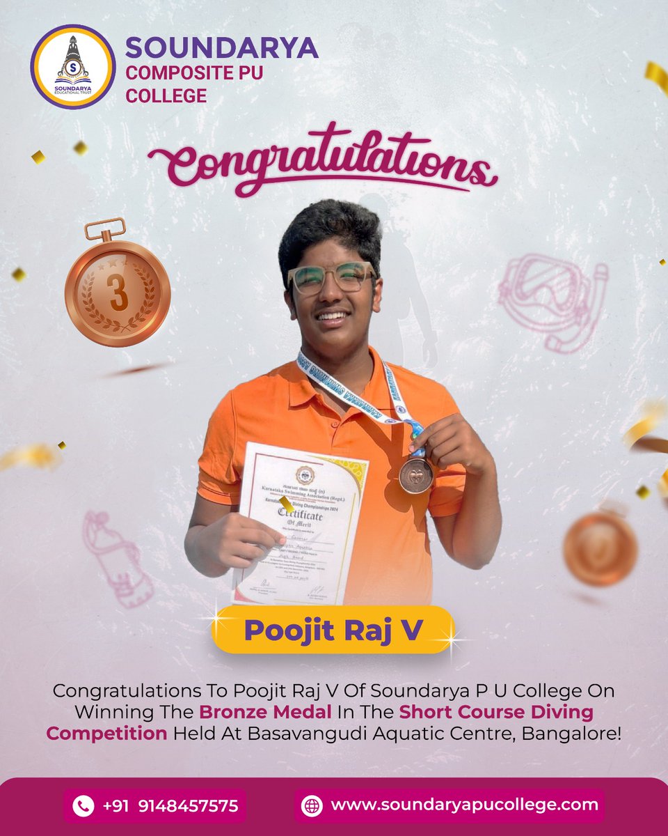 soundaryapuc's tweet photo. 👏A big cheer for Poojit Raj V of #SoundaryaPUCollege
#Winner of the #BronzeMedal in the Short Course Diving #Competition at #Basavanagudi Aquatic Centre, #Bangalore. 🏊‍♂️
Your #dedication has made us #proud!
#SoundaryaPride #StudentSuccess #Achievement  #swimming  #congratualtions https://t.co/9QUUq0YAfV