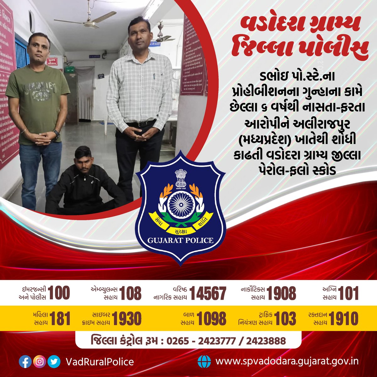VadRuralPolice's tweet photo. ડભોઇ પો.સ્ટે.ના પ્રોહીબીશનના ગુન્હાના કામે છેલ્લા ૬ વર્ષથી નાસતા-ફરતા આરોપીને અલીરાજપુર (મધ્યપ્રદેશ) ખાતેથી શોધી કાઢતી વડોદરા ગ્રામ્ય જીલ્લા પેરોલ-ફલો સ્કોડ
#vadodararural #prohibition #case #arrest #parolflow #police
@dgpgujarat
@GujaratPolice
@VadRuralPolice
@VadodaraIGP https://t.co/RIMVwMGGbi