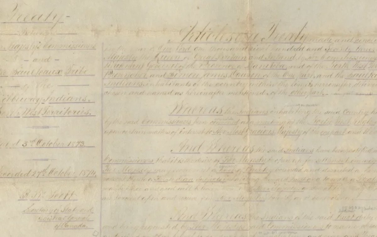 Phantom_Philo's tweet photo. Land Declaration of Treaty 3 Chiefs in 1871:
“We transfer, surrender and relinquish to Her Majesty the Queen, Her heirs and successors, to and for the use of Her Government of Her Dominion of Canada, all our right, title and privilege whatsoever, which we, the said Chiefs and the said bands which we represent have, hold or enjoy, of, in and to the territory described and fully set out in the said articles of treaty, and every part thereof. To have and to hold the same unto and to the use of Her said Majesty the Queen, Her heirs and successors forever."

"And further, Her Majesty agrees to maintain schools for instruction in such reserves hereby made as to Her Government of Her Dominion of Canada may seem advisable whenever the Indians of the reserve shall desire it."

https://t.co/gWMhO89tbN