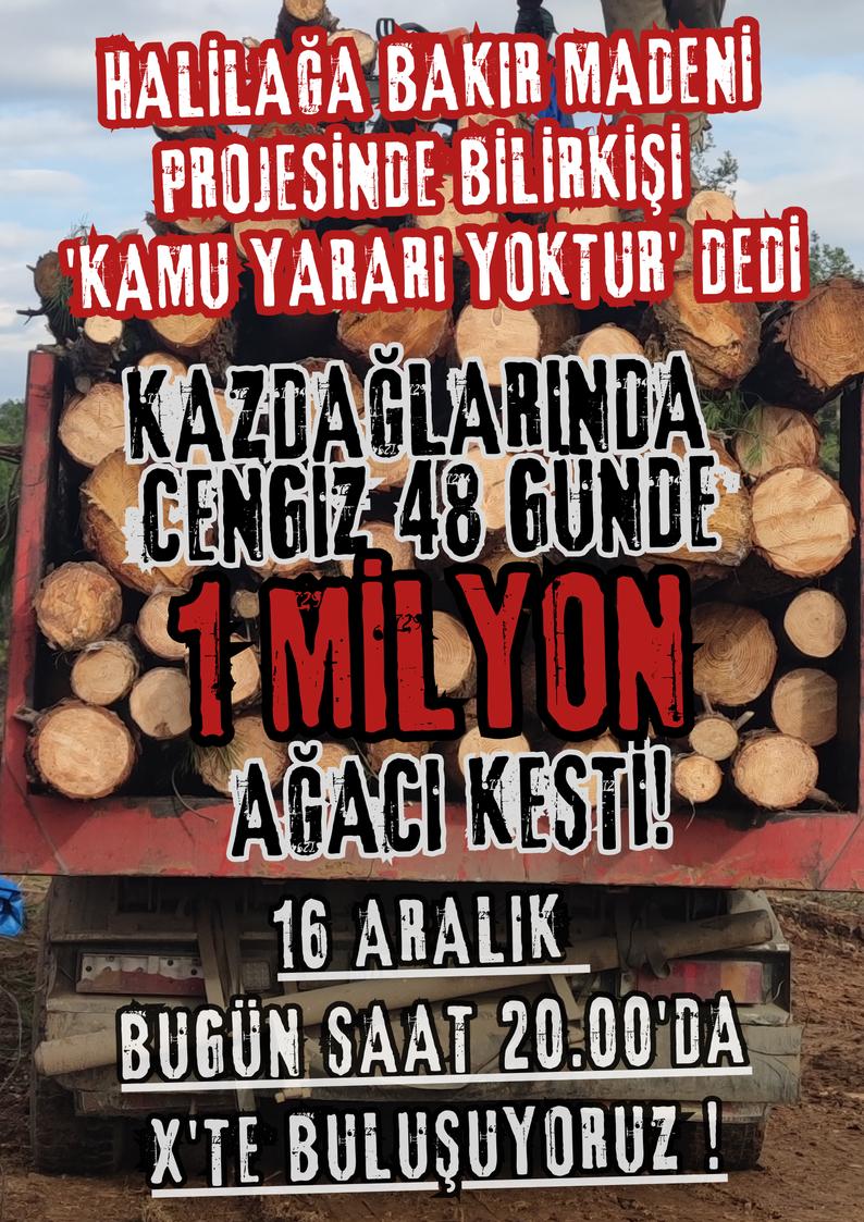 📢 X KAMPANYASINA ÇAĞRI!

48 gündür Cengiz Holding-Truva Bakır Madencilik A.Ş.’ne ait Halilağa Altın Bakır Madeni katliam sahasında 5200 dönümde çam ve meşe 1 milyon ağaç kesildi!

Proje için 2021'de verilen  “ÇED olumlu” kararına karşı dernekler ve yöre halkı tarafından açılan