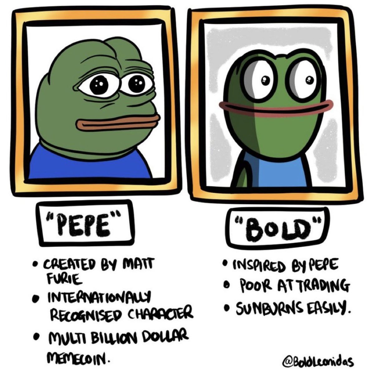 This is Bold, you all know him, the famous Bold, an evolution of Pepe character, but with a twist of degeneracy. As BoldLeonidas from Twitter's comic strips, he's set to make waves on Base chain with his unique, degenerate humor.

Tg: t.me/basedbold

#BaseChain #memecoin
