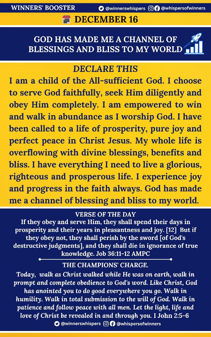WinnersWhispers's tweet image. Declare this:

I am a child of the All-sufficient God. I choose to serve God faithfully, seek Him diligently, and obey Him completely. I am empowered to win and walk in abundance as I worship God. I have been called to a life of prosperity, pure joy, and perfect peace in Christ…