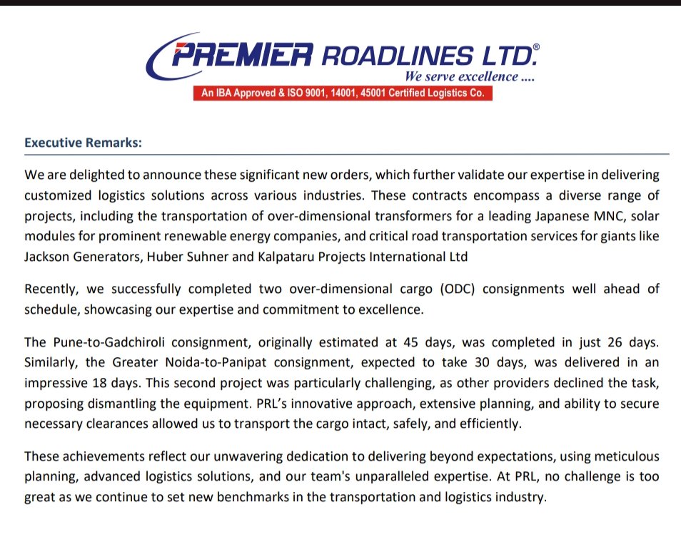 nid_rockz's tweet image. Premier Roadlines 
#PRLLtd
#PremierRoadlines

30cr new orders received
Most of which have 3-6 months execution 

H2 should be better as business is H2 heavy with 60-65% coming in H2 

Delivered a couple of consignments before scheduled time

45 days order was delivered in 26 days