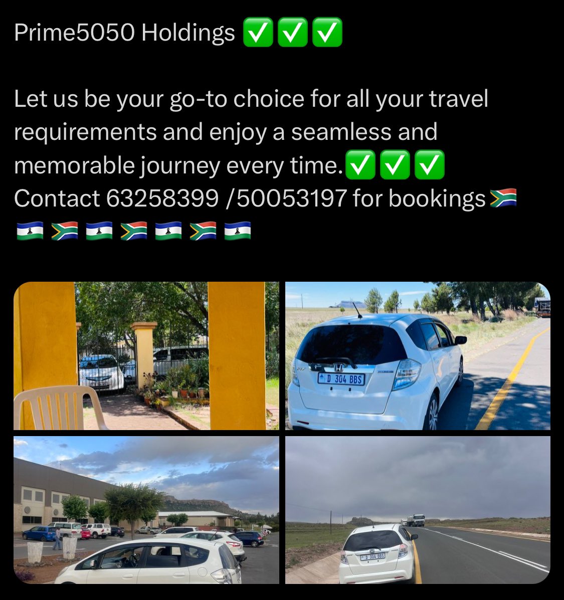 MohaleMoshoesh5's tweet image. Prime5050 Holdings 
Expanded Fleet with Flexible Choices**: Whether you’re planning a road trip, a business meeting, or a weekend getaway, our diverse range of vehicles – from eco-friendly hybrids to spacious SUVs ensures that you find the perfect match for your needs. 63258399