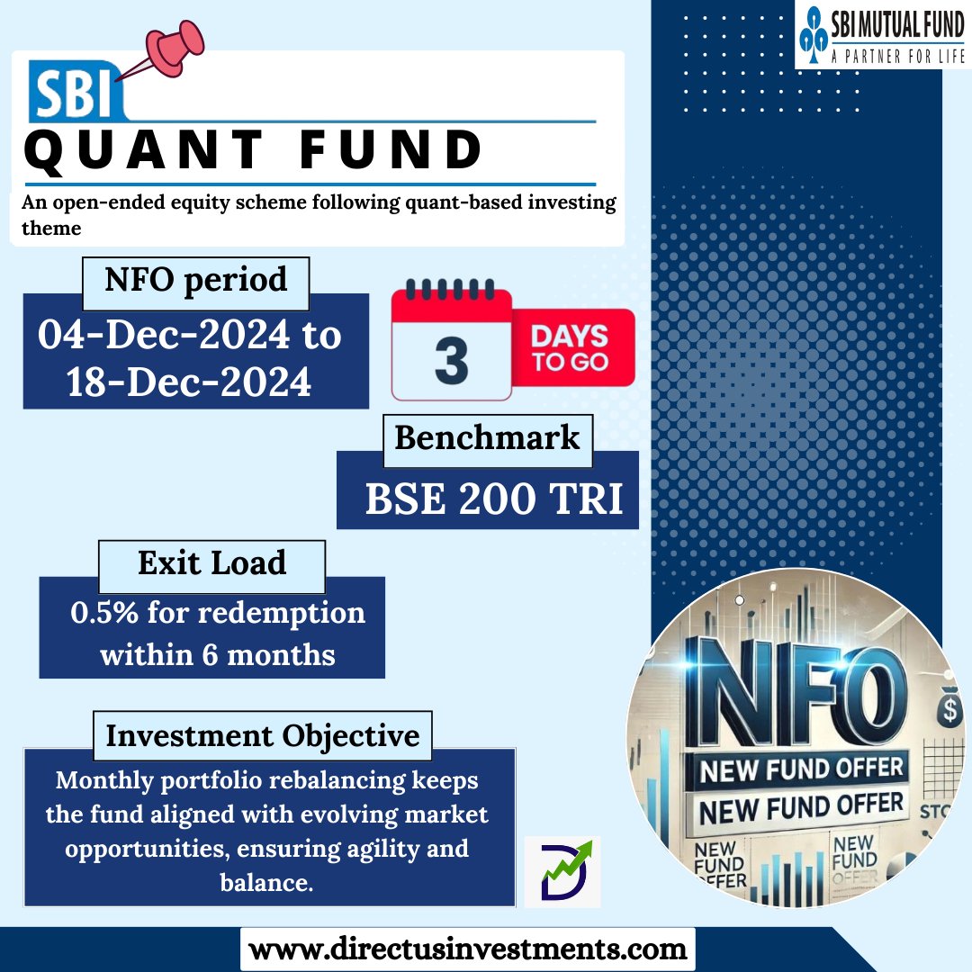 MunjalMohit9870's tweet photo. SBI Quant Fund NFO Details
.
https://t.co/KOz6Gv5BmZ
.
#sensex #bse #bombaystockexchange #bse30 #index #stocknews #stockmarket #investing #stocks #shares #stockstotrade #smallcap #smallcapstocks #ytd #engineeringstocks #stocks2024 #topperforming #directusinvestments https://t.co/Ff8EY9phIc