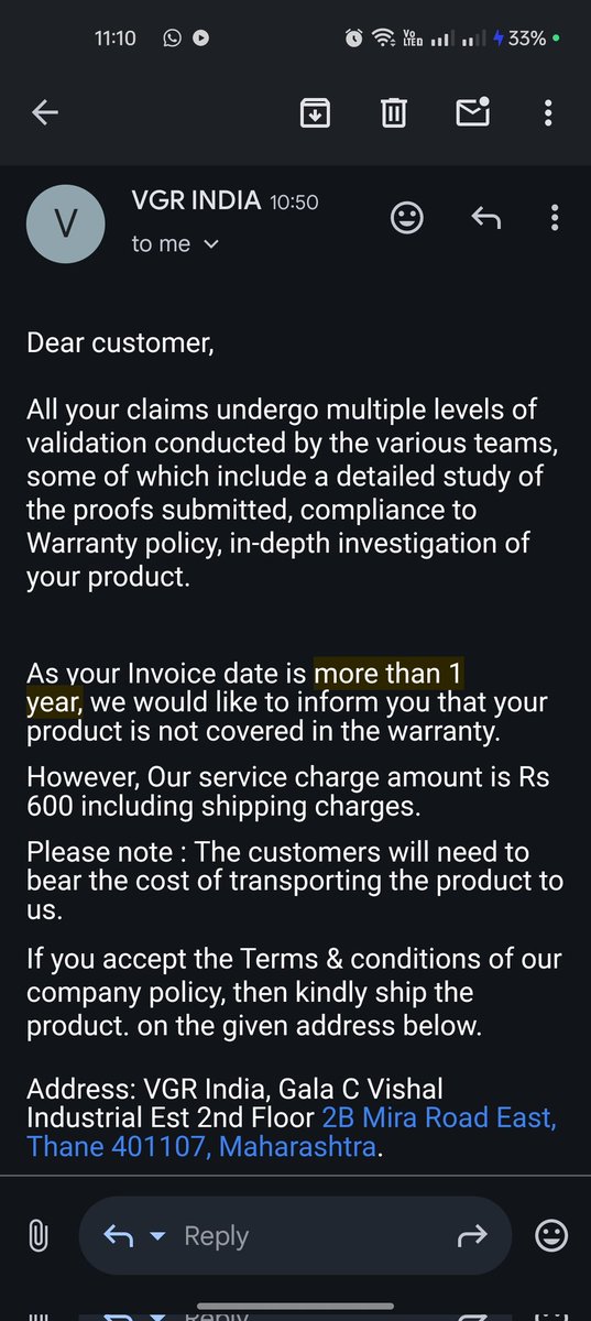 KarthickActive's tweet photo. @vgrofficial_in  I am really surprised to see a reply mail from you for a warranty claim. How the Tax invoice date is more than 1 year #vgrindia. Unexpected calculation. Its broken inside ( diomond shapped insiide blade holder ) is broken. Do the needful. https://t.co/ghtkfM5mmI