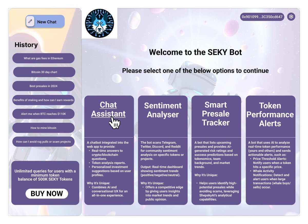 Shepskyai's tweet photo. 🚨 Sneak Peek Alert! 🚨

Get ready for a game-changing experience with SEKY Bot 💥
From sentiment analysis to smart presale tracking and real-time token performance alerts—this is your all-in-one AI-powered crypto hub! 🔥
What do you think of the design? 👀
Buy Now - https://t.co/EewtK2p0Wx 

#SEKYBot #CryptoAI #SneakPeek #presale #AIbot