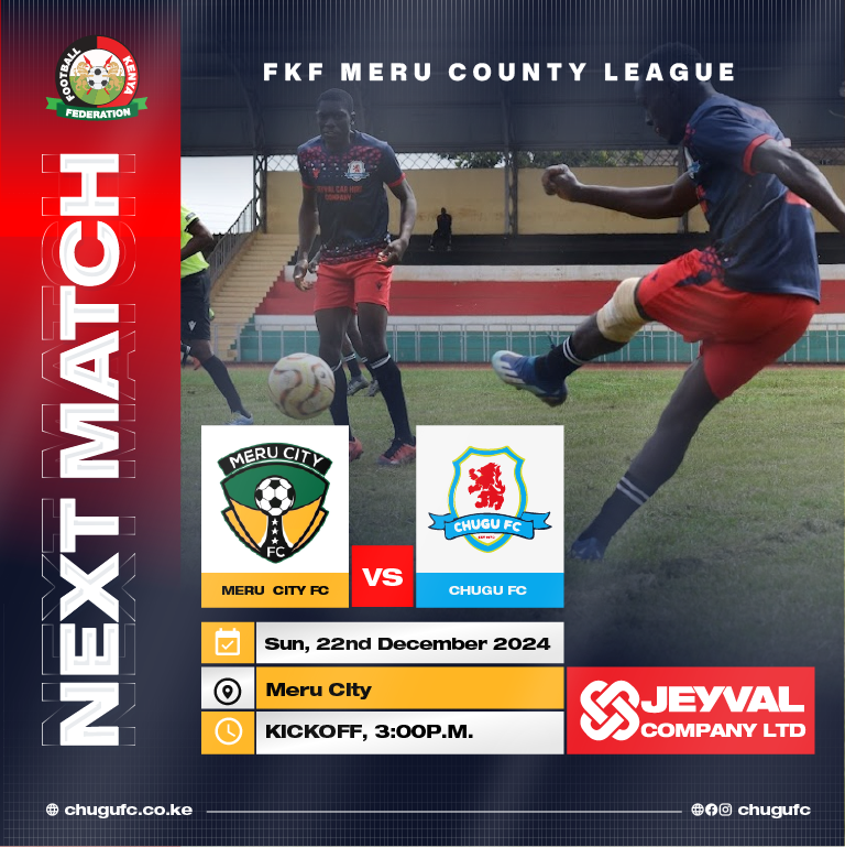 CHUGUFC's tweet photo. 🔥 Next Battle Loading! 🔥 ⚽ Meru City FC 🆚 Chugu FC
🏆 Meru County League  📅 Dec 22, 2024 🏟️ Meru City Grounds ⏰ Kick-off: 3:30 PM
We’re ready for a thrilling showdown! Let’s fight for victory together! 💪⚽
#ChuguFC #MeruCityDerby #GameDay #Jeyval #MeruCountyLeague #fkf https://t.co/eYKky3d7bc