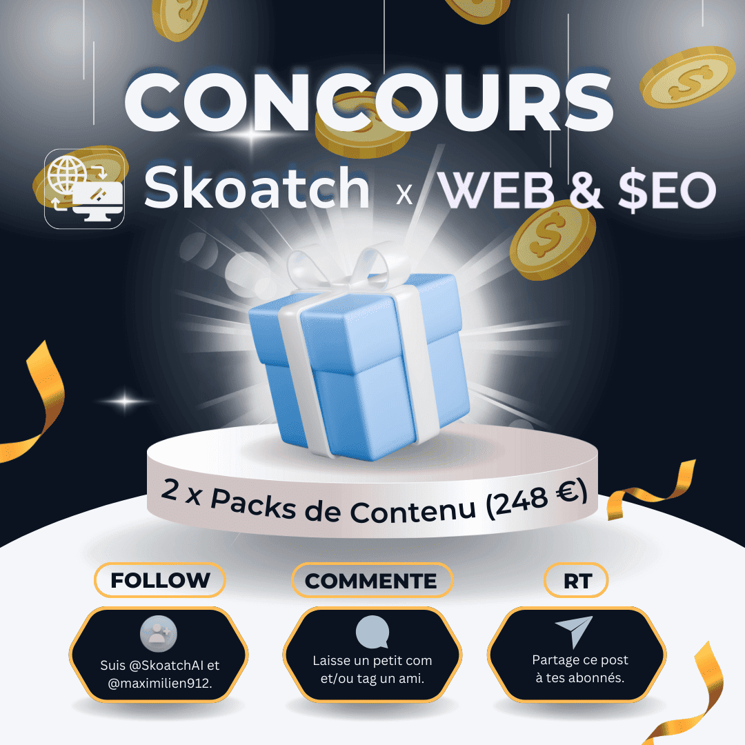 🎅 #Concours de Noël : 248 € de contenus IA premium à gagner pour booster ton #SEO 🎉

🗓️ Fin : 23/12 à minuit
🎲 Tirage : 24/12

🎁 Lots :
🥇 Pack Content Starter à 49 €
🥈 Pack Content Basic à 199 €

Pour participer :
1️⃣ Follow <a href="/SkoatchAI/">Skoatch, vos articles complets en quelques minutes</a> &amp; <a href="/maximilien912/">Maximilien Labadie 🎯</a> 🫶
2️⃣ Commente ou