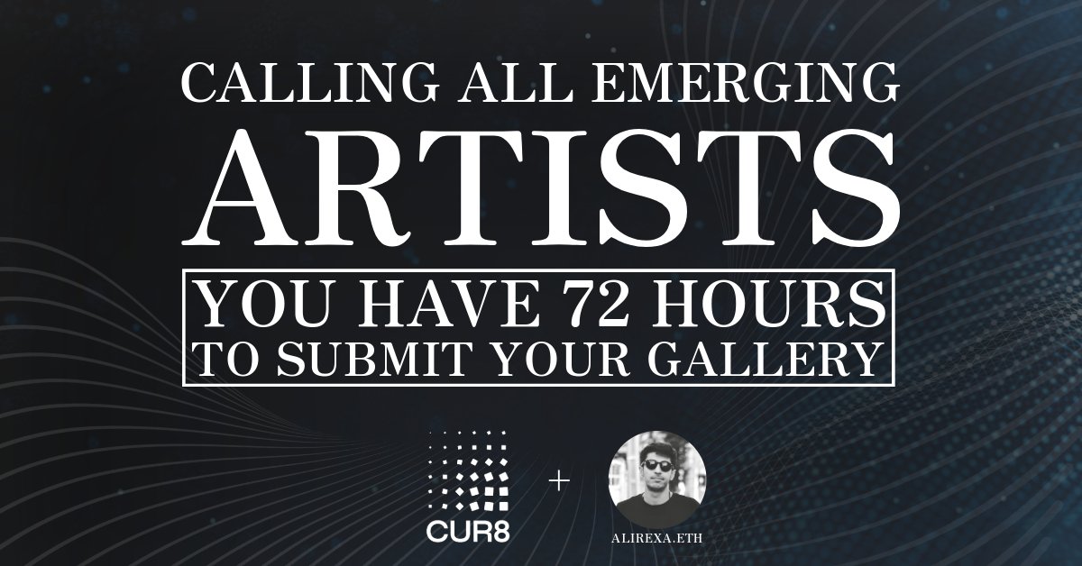 Glyf_Build's tweet photo. 🚨 Calling All Emerging Artists! 🎨

We’re excited to team up with the talented @ghaayze as our Featured Curator! ✨ They’ll be handpicking a $500 collection spotlighting standout works from emerging talent across the community.

📅 72 HOURS TO SUBMIT

Here’s how you can get featured:
1️⃣ Create your account on https://t.co/MjjEjGHNGK
2️⃣ Add your best works for sale to your gallery.
3️⃣ Share your gallery link in the comments below

*Only Cur8 Gallery submissions will be accepted - see the example below.
https://t.co/LQQf5MRndY

Don’t miss out—this is your time to shine! 🔥

#DigitalArt #EmergingArtists #Cur8Community #CuratedCollection #NFTArt