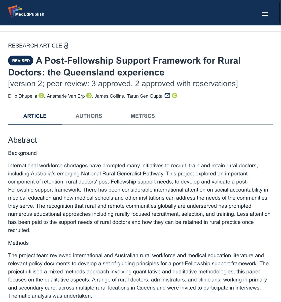 🚑 New on #MedEdPublish: Post-Fellowship Support for Rural Doctors 

Queensland’s innovative support framework helps rural doctors with professional development, mental health, and mentorship, boosting workforce sustainability. 🌏

🔗 ow.ly/MvZt50UpxYh