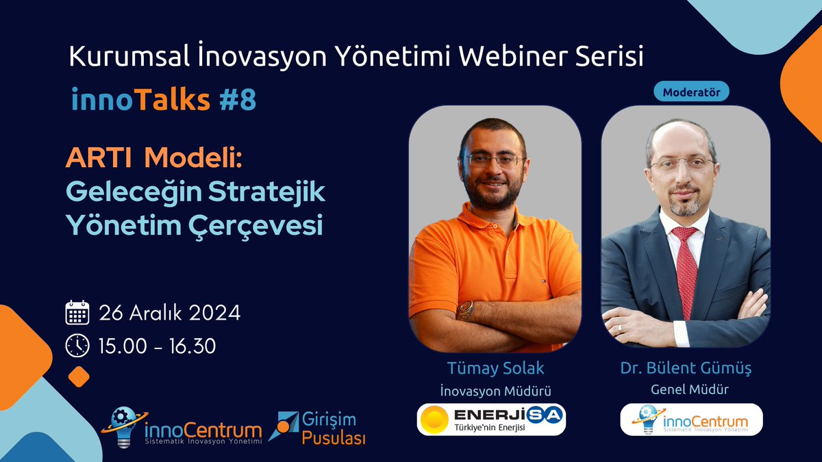 innocentrum's tweet photo. 🚀 #innoTalks Webiner Serisinin 8.'sinde Buluşuyoruz!
🎙️ @enerjisa #İnovasyon Müdürü Tümay Solak ile “ARTI Modeli: Geleceğin Stratejik Yönetim Çerçevesi” hakkında konuşacağız.
📅 Tarih: 26 Aralık 2024
⏰ Saat: 15:00 - 16:30
🌐 Kayıt Linki: https://t.co/WMEjuJ6gWa
+ https://t.co/tkFhwqlivQ