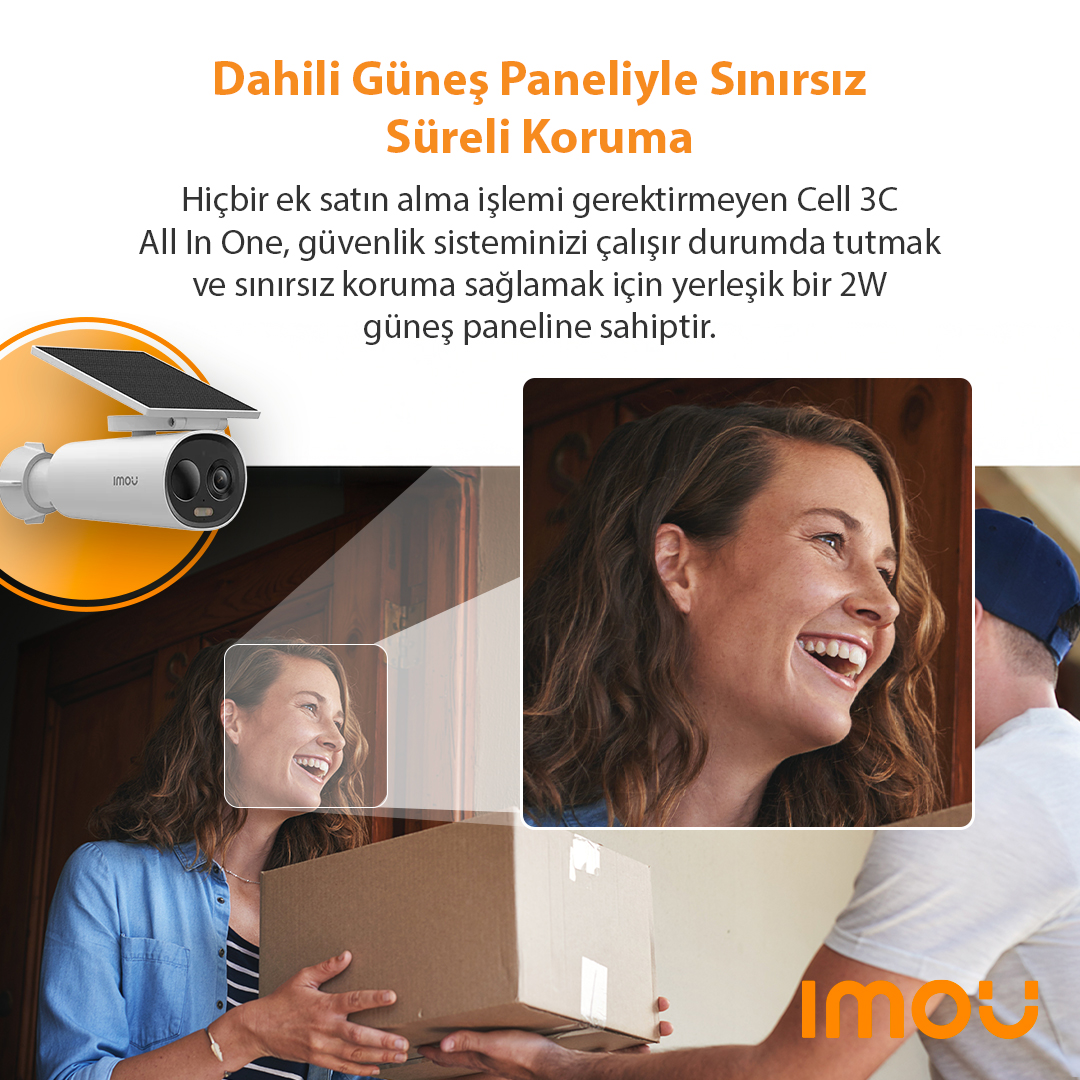 ImouTurkiye's tweet photo. Cell 3C All In One, güvenlik sisteminizi çalışır durumda tutmak ve sınırsız koruma sağlamak için yerleşik bir 2W güneş paneline sahiptir. Herhangi bir kabloya gerek olmadan Cell 3C All in One kameranızı hızlıca takarak evinizi hemen korumaya başlayabilirsiniz. https://t.co/ujYNKBBua9