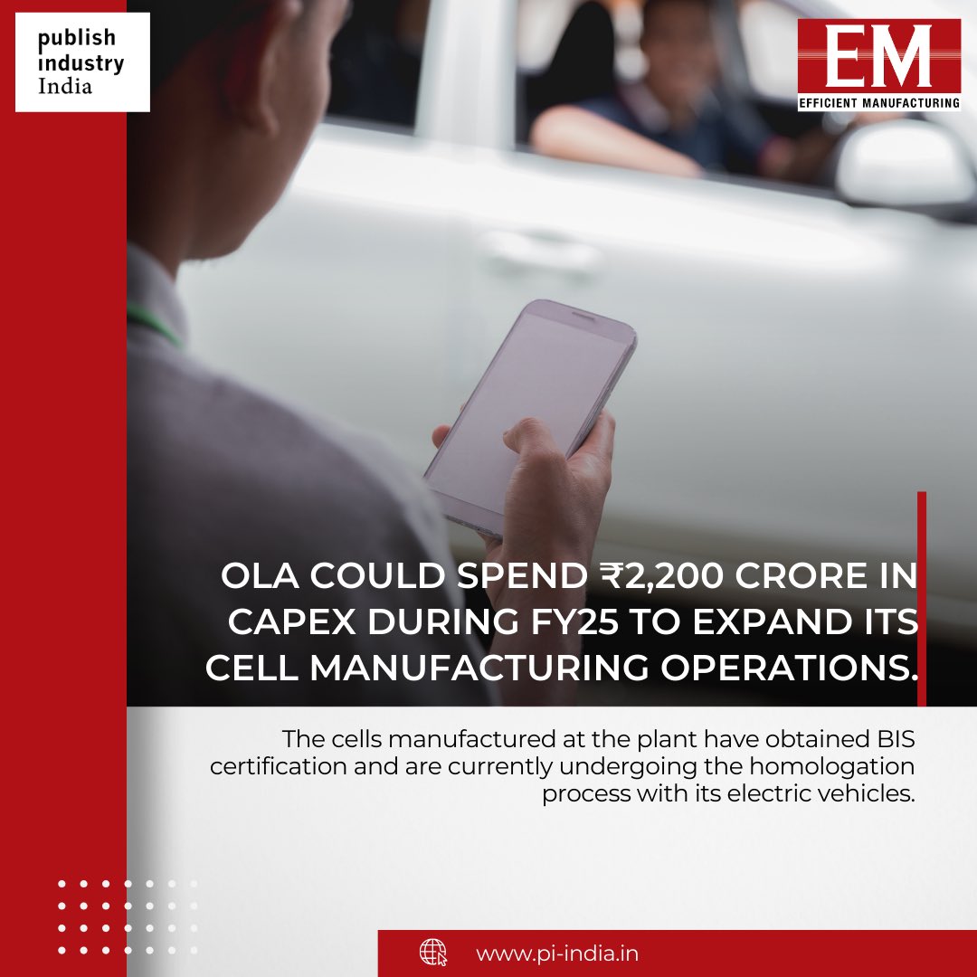 Ola Cell Technologies Pvt Ltd (OCTPL), a subsidiary of Ola Electric Mobility Ltd (OEML), is set to invest over ₹2,000 crore in capital expenditure this fiscal for expanding its lithium-ion cell manufacturing capacity.