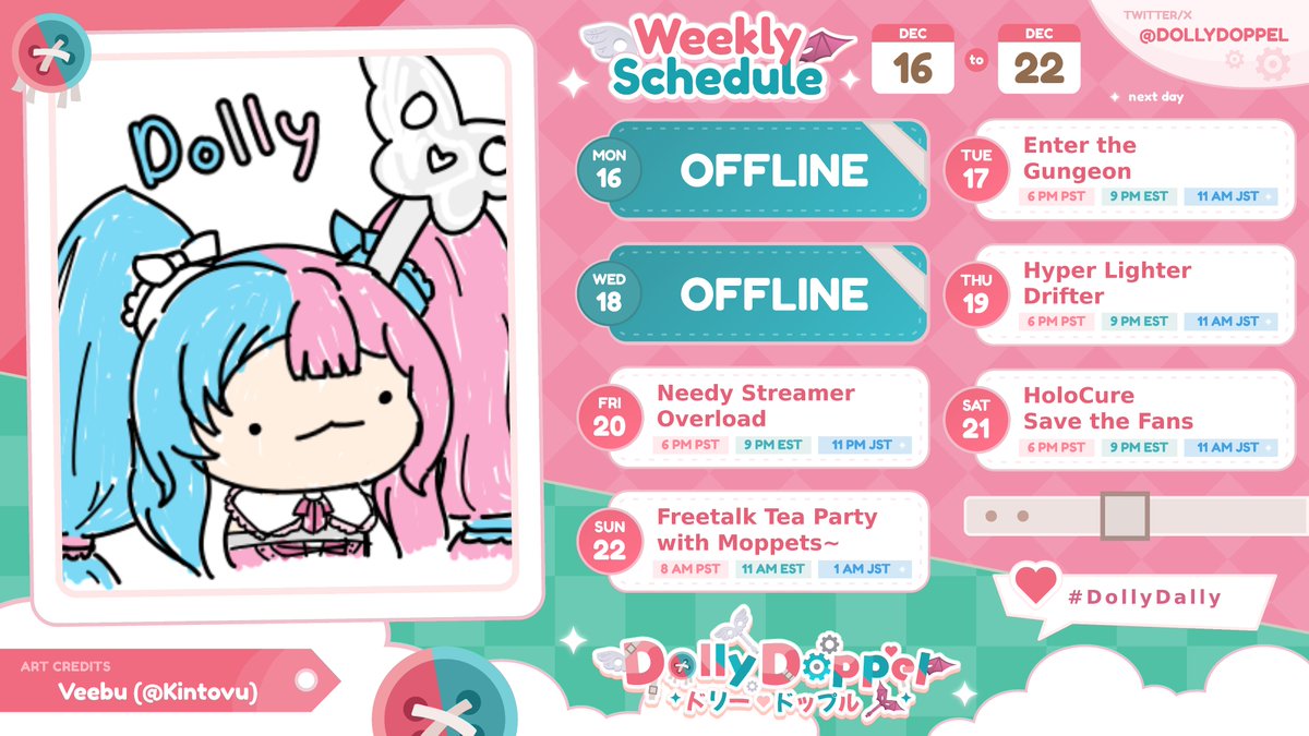 dollydoppel's tweet photo. 🧸Weekly Schedule🧸
【16 December - 22 December】
I'm so excited to try out Needy Streamer Overload!!!!
#EnVtuber #DollyDoppel https://t.co/ajYSCeK1wM