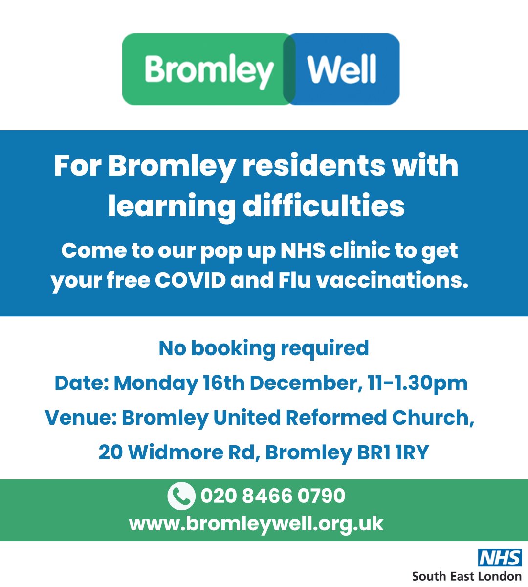 BromleyWell's tweet photo. ✅Pop up vaccination clinic
✅Monday 16th December 11am-1.30pm
✅For people with learning difficulties

Drop in to get your free jabs to help you stay well this winter 👍 https://t.co/rRib0H1XK4
