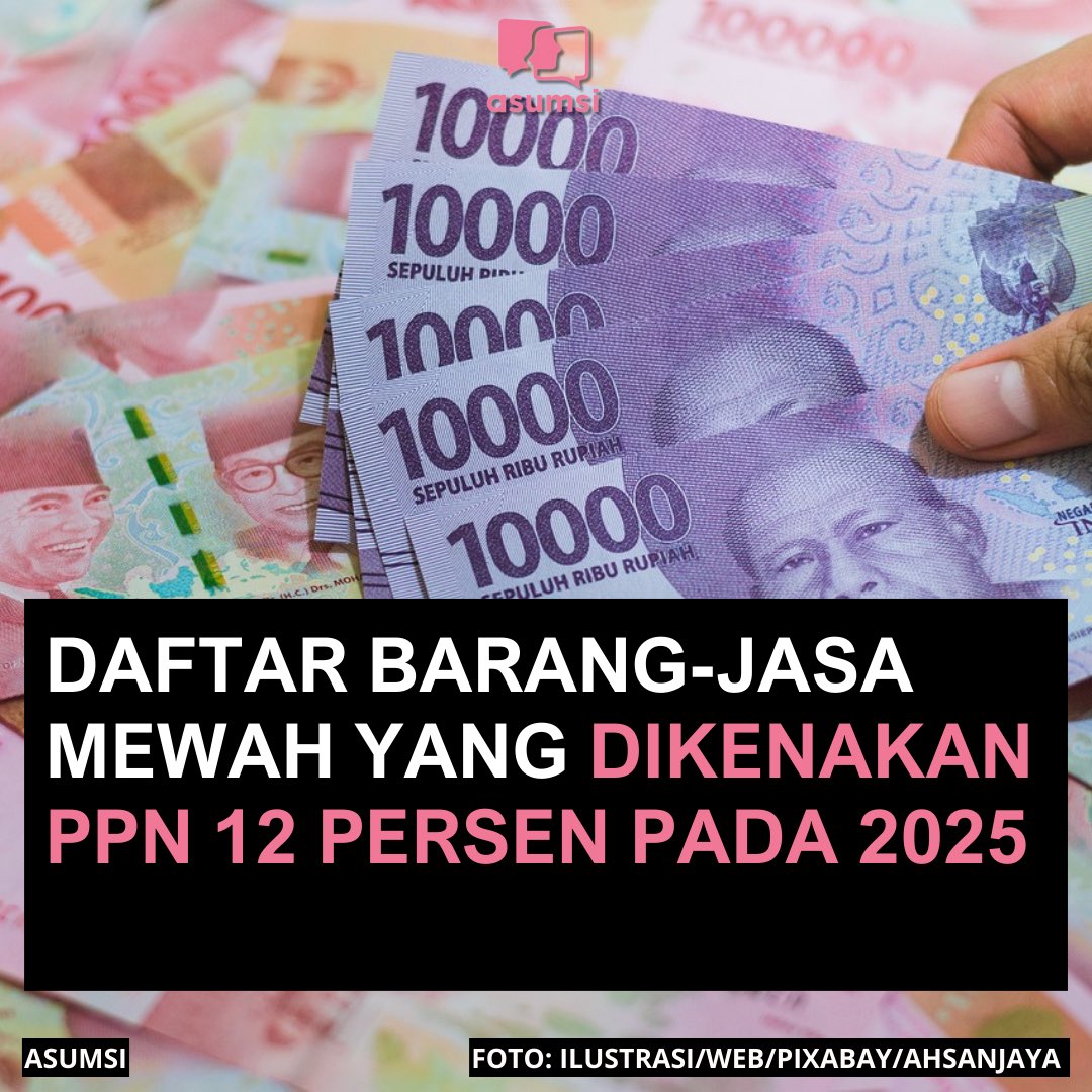 asumsico's tweet image. Pemerintah resmi menaikkan tarif pajak pertambahan nilai (PPN) menjadi 12 persen mulai 1 Januari 2025. Kenaikan tarif PPN ini menyasar barang-barang mewah dan mengecualikan barang-barang yang tergolong sebagai sembako.

Berikut daftarnya, ada daging wagyu hingga Netflix. ⤵️