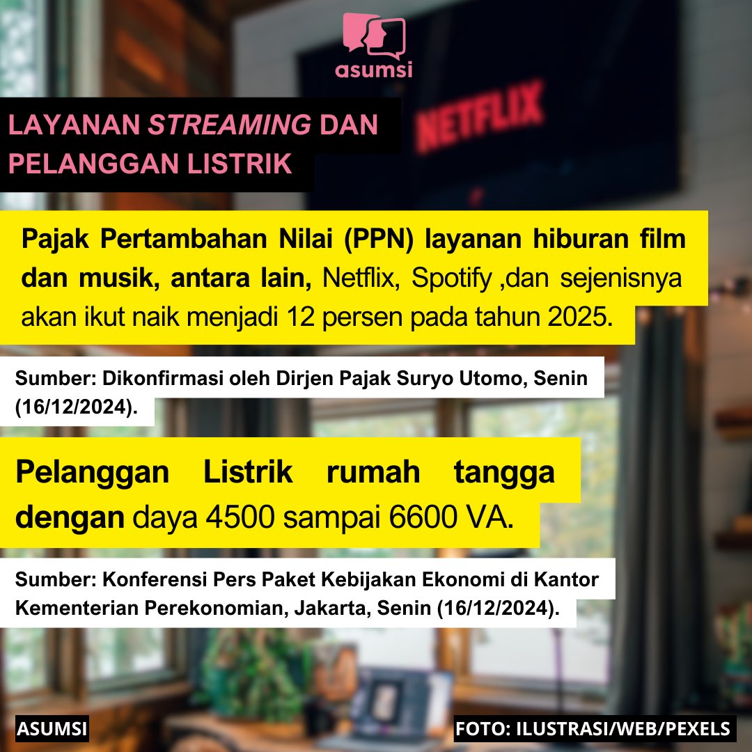 asumsico's tweet image. Berikut daftar barang-jasa yang akan terkena dampak kenaikan PPN 12 persen tersebut.

Baca berita selengkapnya di website Asumsi: asumsi.co/post/98155/daf…

#PPN #PPN12Persen #IsuTerkini #Asumsico