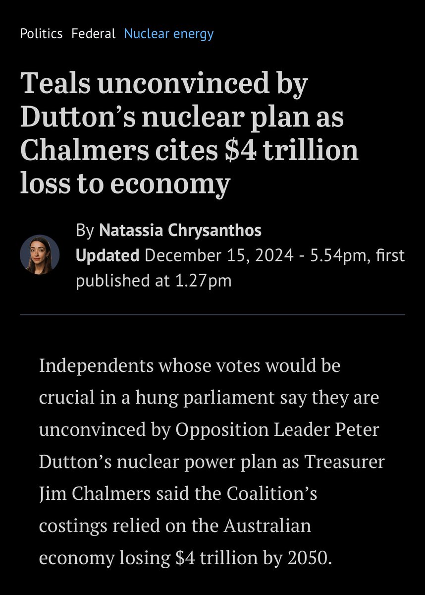 Mon4Kooyong's tweet photo. The Coalition’s nuclear plan would limit our energy production and stop Australians putting more solar on our roofs. It allows for 40% *less* electricity by 2050 - so no AI, no crypto, no EV for you! 

It would cost our economy. It would cost our climate. It would cost us all. https://t.co/e1ErHWEYJE
