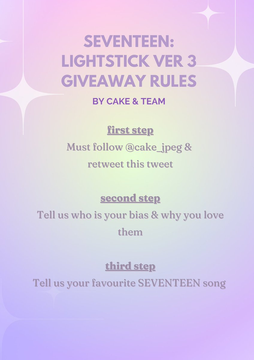 [giveaway for carats] ✧ SEVENTEEN LIGHTSTICK: VER 3

✧  must follow <a href="/cake_jpeg/">cake team | ticketing service ✰</a>  
✧  giveaway rules: 2nd picture
✧  carats residing in malaysia / indonesia / singapore

━  1 winner &amp; will be announced on 5th January 2025 

<a href="/PasarSeventeen/">𖧷PasarSeventeen 🇲🇾</a> #pasarseventeen