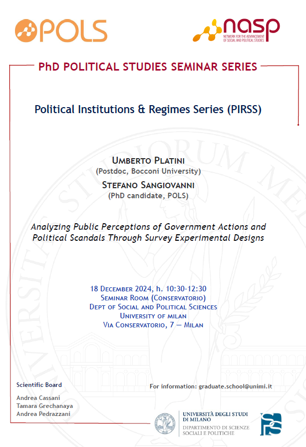 andrea_piter's tweet photo. Upcoming seminar:
Analyzing Public Perceptions of Government Actions &amp; Political Scandals Through Survey Experimental Designs,
POLITICAL INSTITUTIONS &amp; REGIMES SEMINAR SERIES #PIRSS🔝
18.12.24, 10:30, Conservatorio seminar room
@umbertoplatini @SteSangio A.Cassani @GrrchanTamara https://t.co/0gy2MyiM8Y