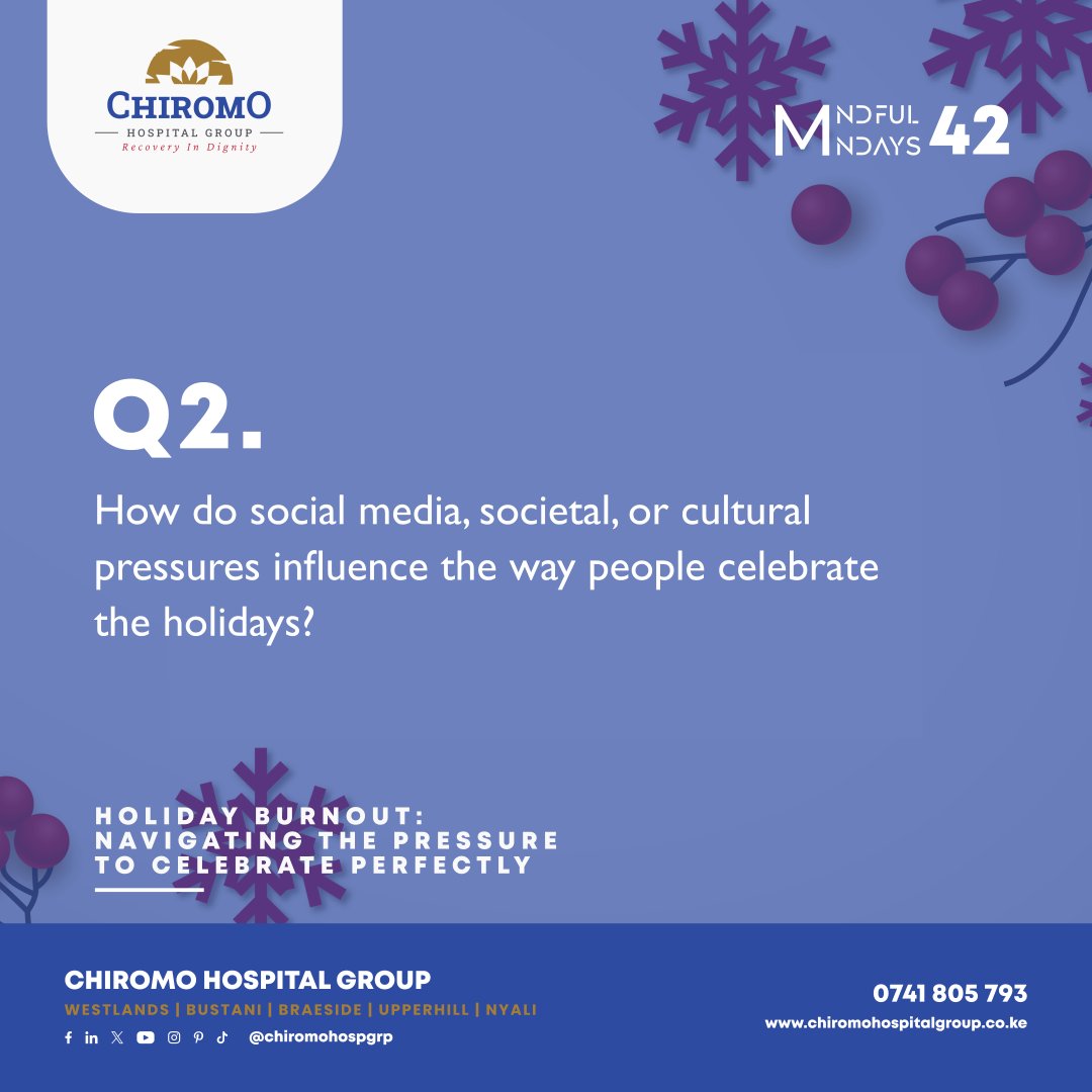 ChiromoHospGrp's tweet photo. Q2. How do social media, societal or cultural pressures influence the way people celebrate the holidays?
#MentalHealth #Christmas #Christmas2024 #holidayseason #burnout #YourMentalHealthFirst #MyMentalHealthFirst #Tufunguke
@khannafisa07 @CarolsammyG @w_mwangi19 @KagayaTracy @Muthoni_mk