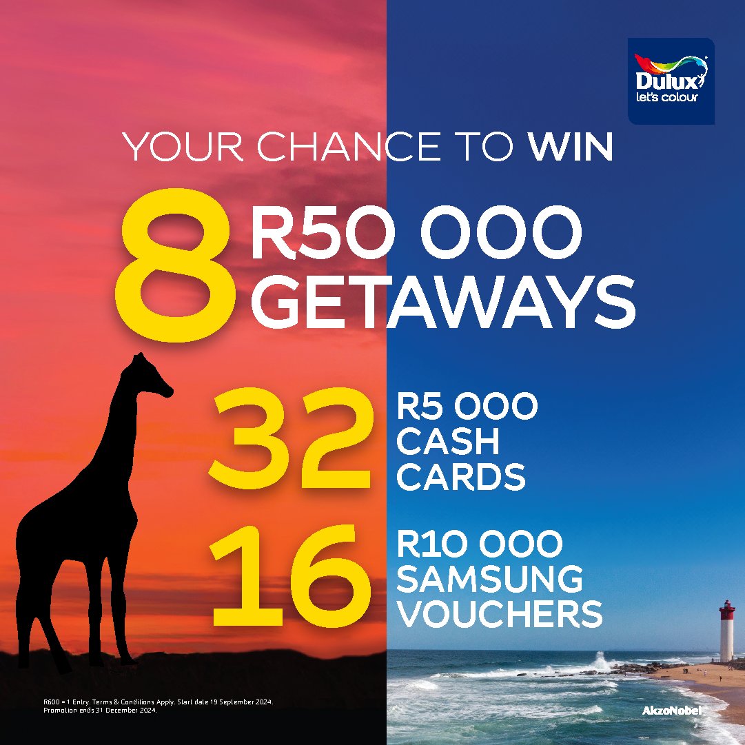 Celebrate DIY Weekend! 🎨 Buy a Dulux® product for R600+, visit ow.ly/ykIM50UkHse for a chance to win a share of R720K in prizes!  

Ts and Cs: ow.ly/kPuf50UkHsi