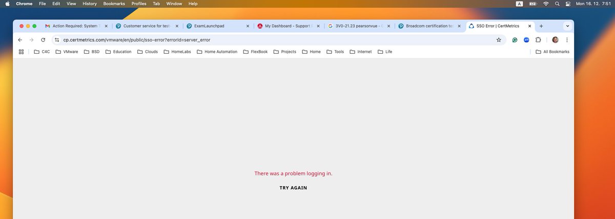 david_pasek's tweet image. Today I had a scheduled #VMware @Broadcom  online exam at @PearsonVUE. Booking was successful on Thursday. The equipment was prepared and tested yesterday.  So far so good. The exam should start at 8 am and I tried to log in 30 minutes before the start but it #fails SSO problem!