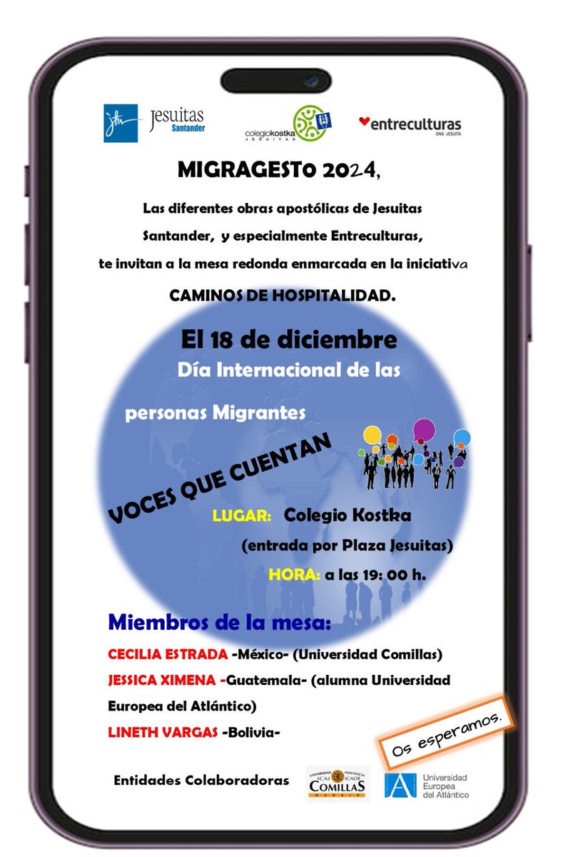 #HayLugarParaLaEsperanza #Migracion #PersonasMigrantes #CaminosdeHospitalidad #VocesQueCuentan

El próximo miércoles 18 diciembre te esperamos en el día Internacional de las Personas Migrantes para compartir experiencias. !Anímate a participar!
👇👇👇👇👇👇👇👇👇