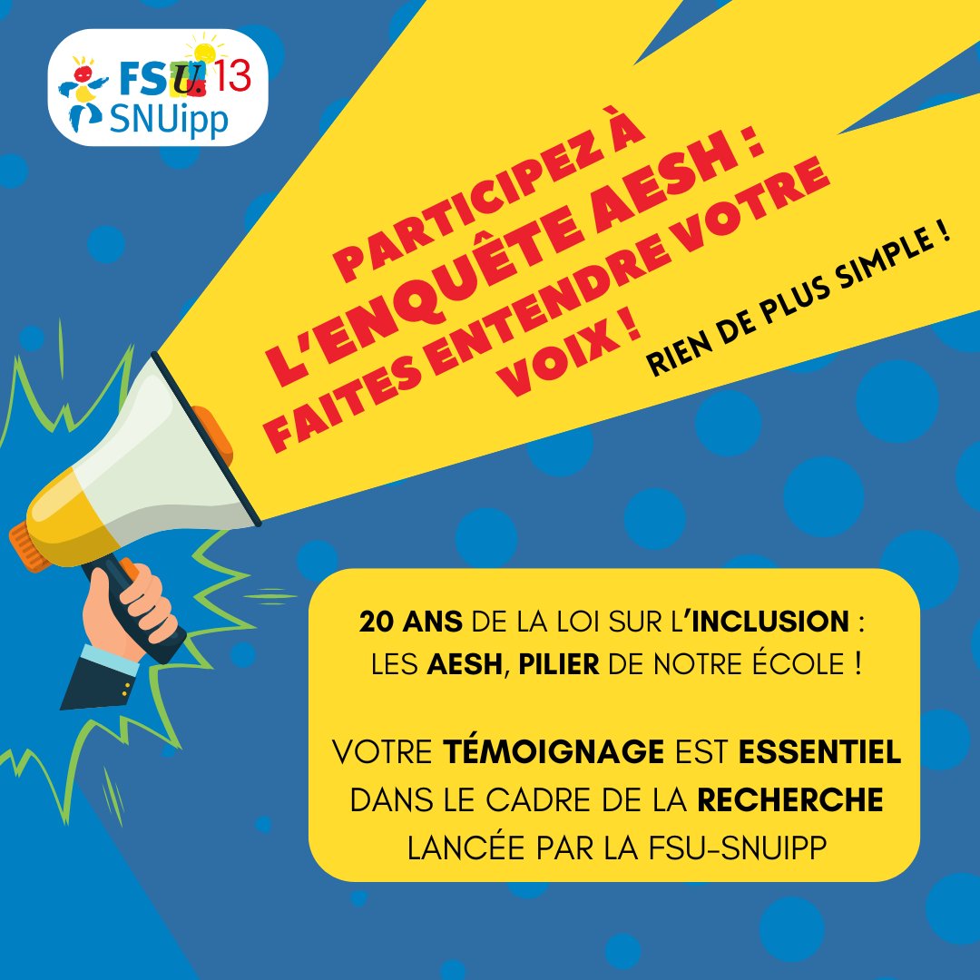 73_fsu's tweet photo. 📢 AESH : Quelle place dans nos établissements ? Nous invitons toutes les AESH de France à répondre à un questionnaire en ligne.
🔗 Ici : https://t.co/sUCakBRB87...
Merci de participer et partager auprès de vos collègues ! 💪👩🏫👨🏫
#AESH #FSUSNUipp #TravailAESH #Recherche https://t.co/SQ9FrUksDI