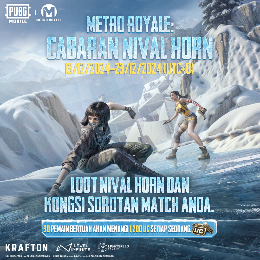 PUBGMMYOfficial's tweet photo. Metro Royale: Cabaran Nival Horn telah tiba!

Uji diri anda untuk loot Nival Horns dengan jayanya dan kongsikan sorotan match anda. 30 pemenang bertuah akan menerima ganjaran 1200UC setiap seorang! Hantar penyertaan sekarang!

#PUBGMOBILE #MetroRoyale #NivalHornChallenge #MRMY https://t.co/p0S2lUtbla