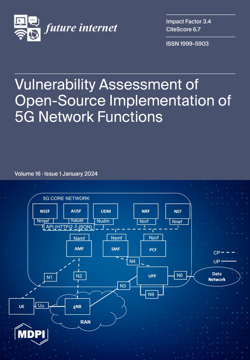 FutureInternet6's tweet photo. 📢 Welcome to read the cover paper of Volume 16, Issue 1 (January 2024) of Future Internet:
📝 A Vulnerability Assessment of Open-Source Implementations of #FifthGeneration Core Network Functions
🔗 https://t.co/v0alvhrlXc
#5Gsecurity #Open5GS
@ComSciMath_Mdpi https://t.co/mFxJzIrFoS
