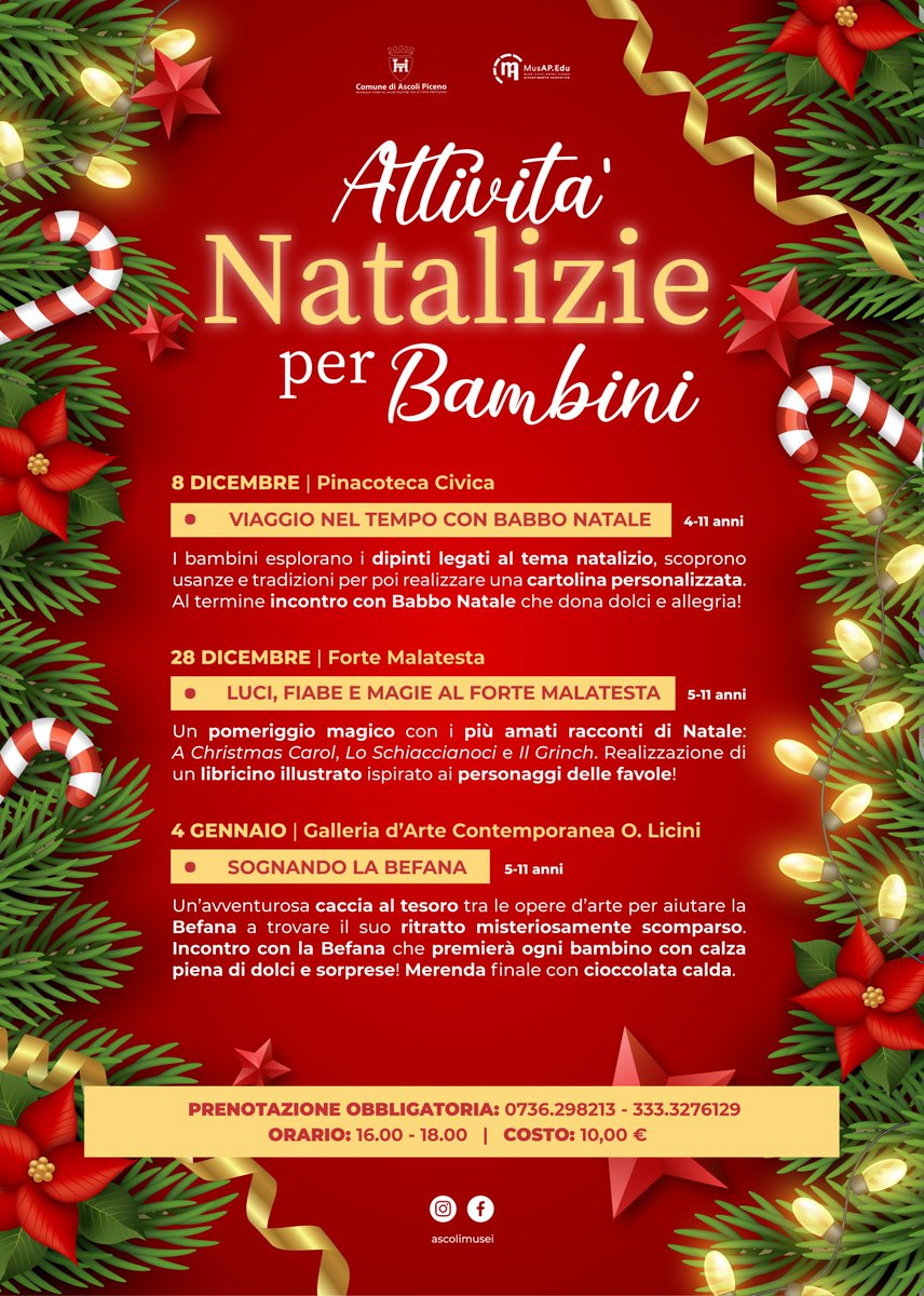 I Musei Civici hanno organizzato alcune attività natalizie dedicate ai bambini nel periodo festivo. Il prossimo appuntamento è in programma sabato 28 dicembre al Forte Malatesta con "Luci, fiabe e magie al Forte Malatesta".

facebook.com/ascolipiceno/p…