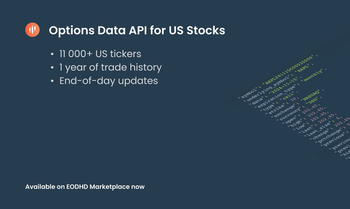 eodhd_apis's tweet image. Introducing US Stock Options Data API

We’re thrilled to unveil our latest product: the US Stock Options Data API, designed to empower traders, analysts, and developers with unparalleled insights. Access End-of-day and historical options data for over 11,000 US stock tickers,…