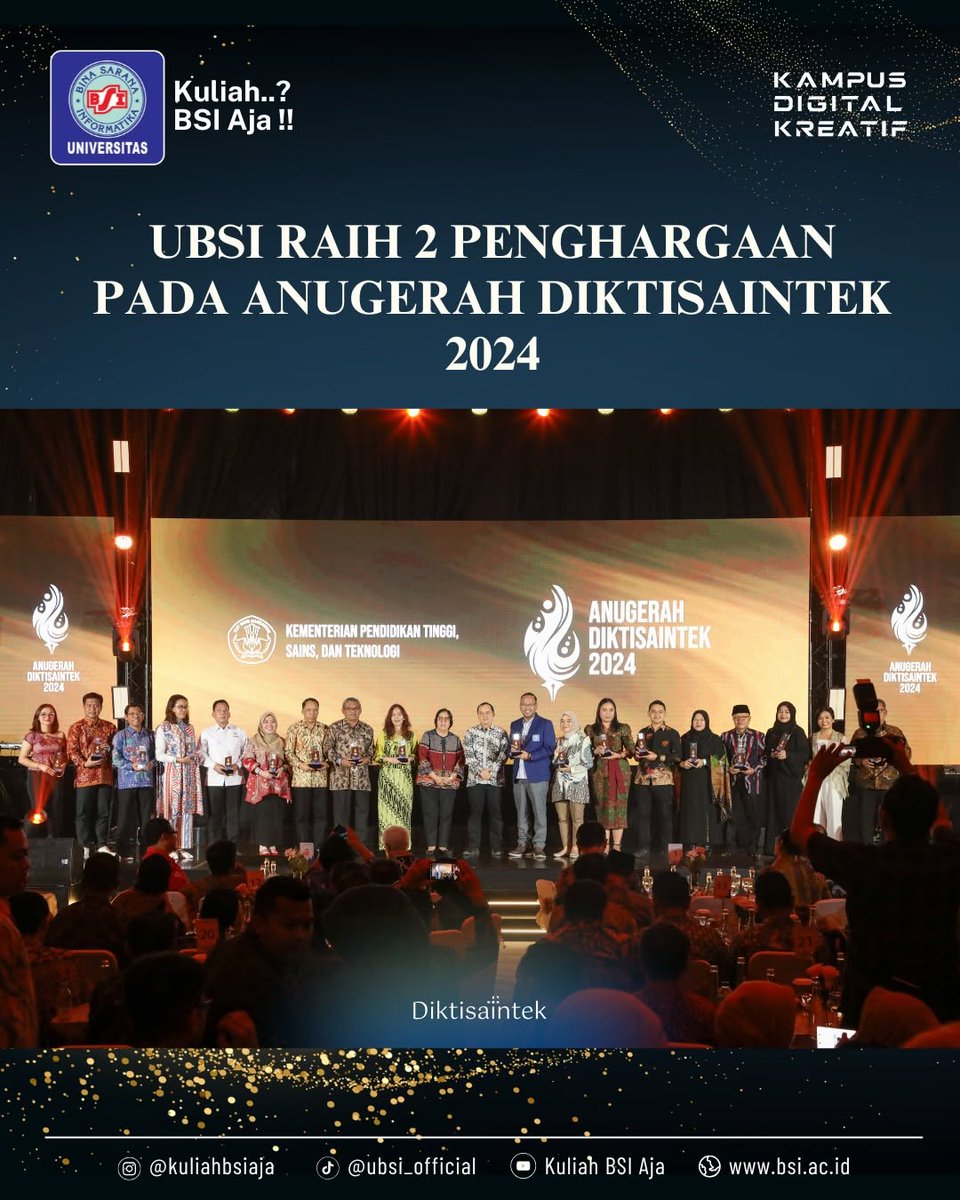 UBSI RAIH 2 PENGHARGAAN PADA ANUGERAH DIKTISAINTEK 2024

Universitas Bina Sarana Informatika meraih 2 penghargaan sekaligus dalam acara Anugerah Diktisaintek 2024. Kegiatan ini diadakan pada Jumat, 13 Desember 2024 di Kementerian Pendidikan Tinggi, Sains dan Teknologi, Jakarta.