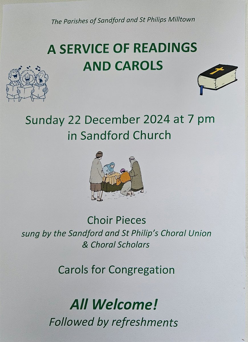Carol Service this Sunday, 22nd December, at 7pm in Sandford Church.  All welcome!