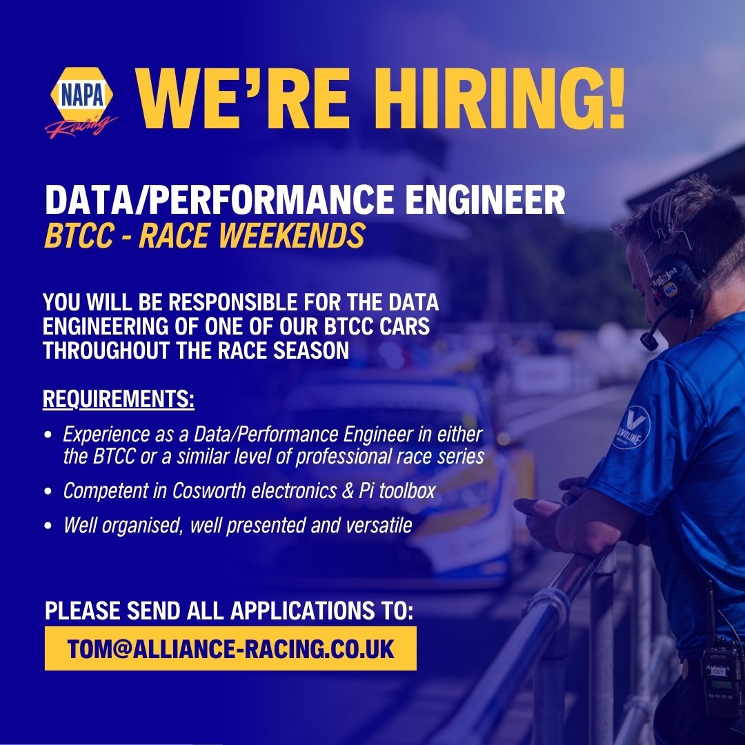 AllianceRaceUK's tweet photo. 𝗔𝗟𝗟𝗜𝗔𝗡𝗖𝗘 𝗥𝗔𝗖𝗜𝗡𝗚/ 𝗡𝗔𝗣𝗔 𝗥𝗮𝗰𝗶𝗻𝗴 𝗨𝗞 𝗮𝗿𝗲 𝗵𝗶𝗿𝗶𝗻𝗴

We have vacancies for the following:

Number 1 mechanic - BTCC - Full time
Data/performance engineer – BTCC – Race weekends

For more information visit https://t.co/7yo8csShFT 
 @naparacinguk https://t.co/tQJLGVSD5d
