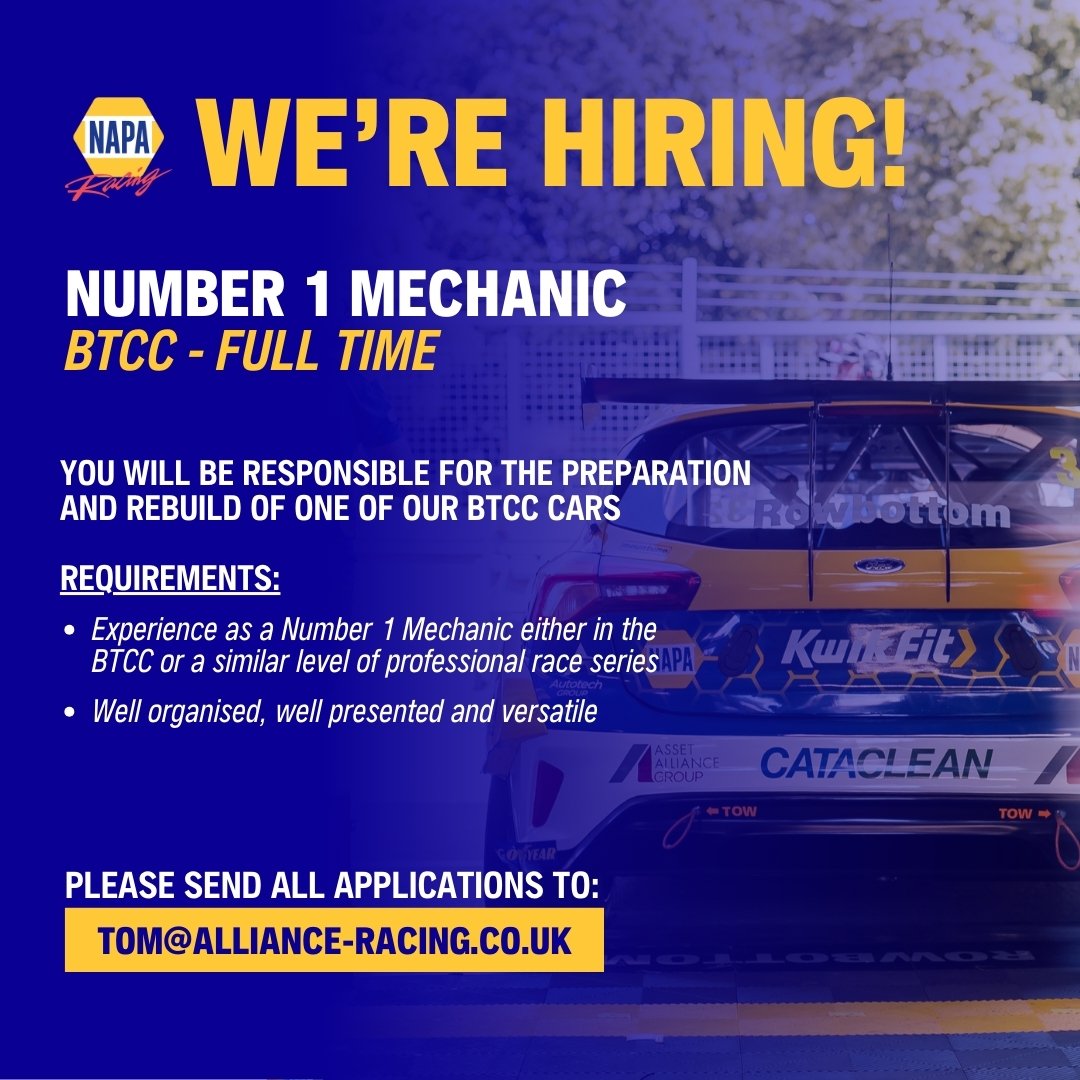 𝗔𝗟𝗟𝗜𝗔𝗡𝗖𝗘 𝗥𝗔𝗖𝗜𝗡𝗚/ 𝗡𝗔𝗣𝗔 𝗥𝗮𝗰𝗶𝗻𝗴 𝗨𝗞 𝗮𝗿𝗲 𝗵𝗶𝗿𝗶𝗻𝗴

We have vacancies for the following:

Number 1 mechanic - BTCC - Full time
Data/performance engineer – BTCC – Race weekends

For more information visit alliance-racing.com/career-opportu… 
 <a href="/naparacinguk/">@NAPARacingUK</a>