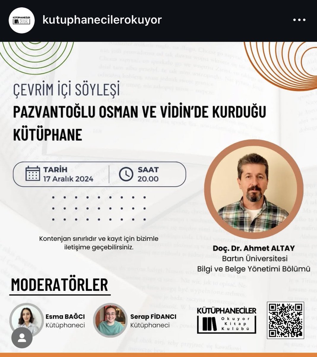 📢Etkinlik Duyurusu 

Bölümümüz öğretim üyesi Doç.Dr. Ahmet ALTAY 17 Aralık 2024 tarihinde değerli meslektaşlarımızla “Pazvantoğlu Osman ve Vidin’de Kurduğu Kütüphane” başlıklı çevrimiçi söyleşiyi gerçekleştirecektir. 

Detaylı bilgi için ⬇️