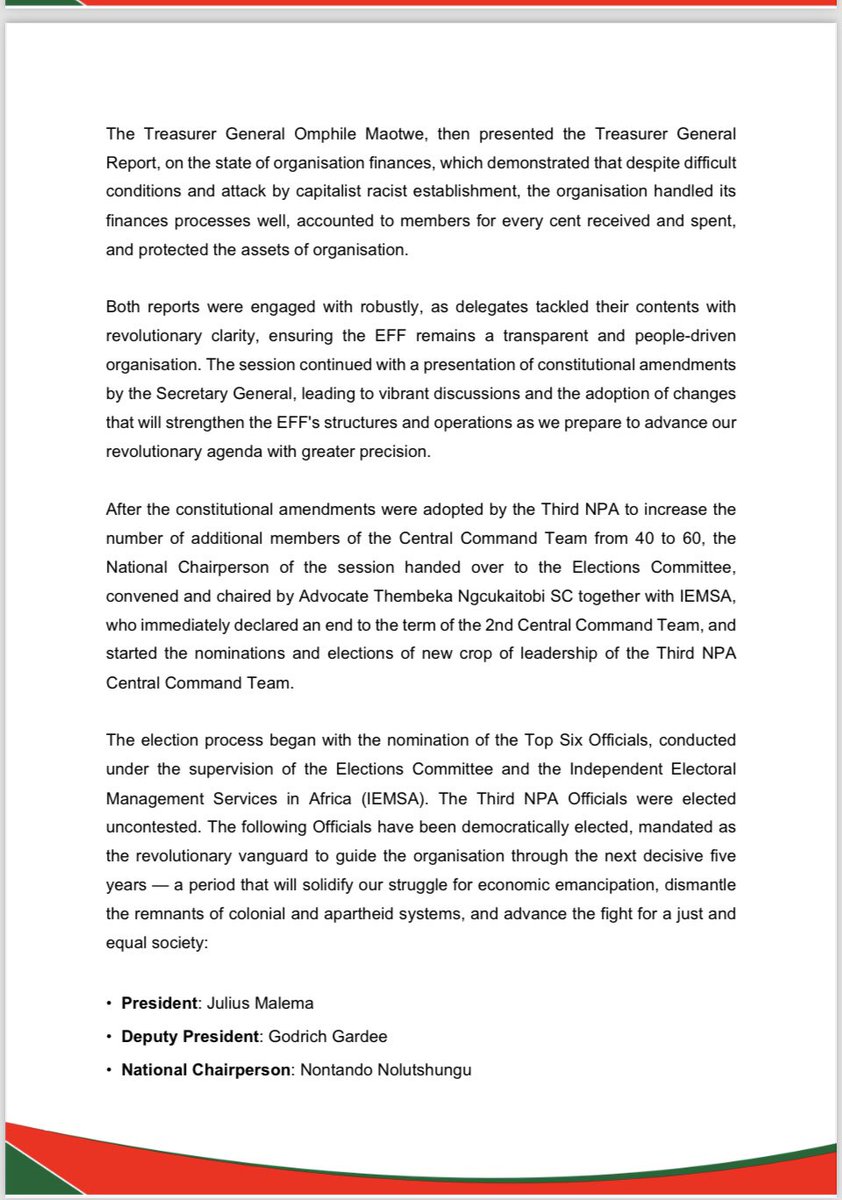 EFFSouthAfrica's tweet photo. The EFF’s Statement on the Successful Third National People’s Assembly 

-The successful conclusion of the Third NPA of the EFF, peacefully and incident free, stands as a powerful demonstration of our movement’s internal democracy, revolutionary clarity, and organisational discipline. We have silenced critics and disproved the doomsayers who have consistently labelled the organisation as disorganised, biased, or authoritarian. 

The next five years of the EFF will now occur with ideological and organisational clarity with determined intention to defend, rebuild and advance the struggle for economic freedom in our lifetime.