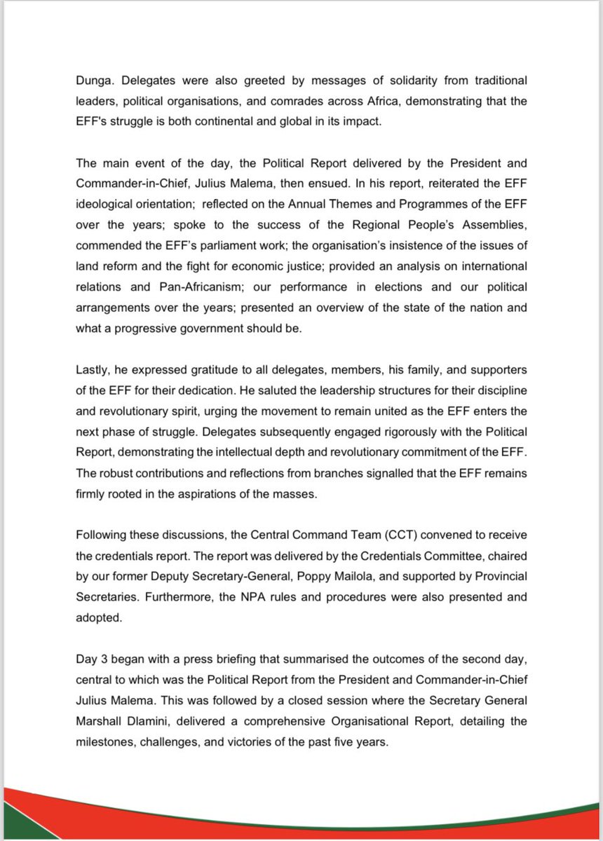 EFFSouthAfrica's tweet photo. The EFF’s Statement on the Successful Third National People’s Assembly 

-The successful conclusion of the Third NPA of the EFF, peacefully and incident free, stands as a powerful demonstration of our movement’s internal democracy, revolutionary clarity, and organisational discipline. We have silenced critics and disproved the doomsayers who have consistently labelled the organisation as disorganised, biased, or authoritarian. 

The next five years of the EFF will now occur with ideological and organisational clarity with determined intention to defend, rebuild and advance the struggle for economic freedom in our lifetime.