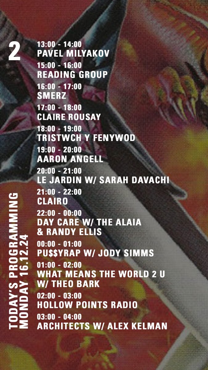 NTS Radio (@ntslive) on Twitter photo Today on nts.live/2
<a href="/pavelmilyakov/">pavel milyakov</a> <a href="/smerz__/">Smerz</a> <a href="/clairo/">claire cottrill</a> <a href="/sarahdavachi/">Sarah Davachi</a> <a href="/_hollowpoints_/">Hollow Points Radio</a> Today on nts.live/2
<a href="/pavelmilyakov/">pavel milyakov</a> <a href="/smerz__/">Smerz</a> <a href="/clairo/">claire cottrill</a> <a href="/sarahdavachi/">Sarah Davachi</a> <a href="/_hollowpoints_/">Hollow Points Radio</a>