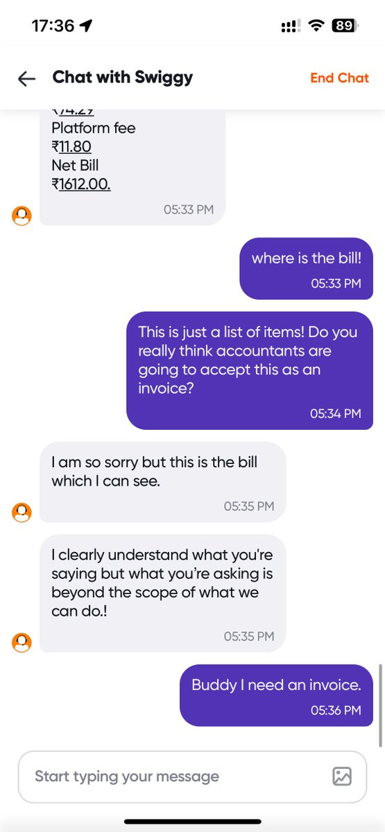 rashrocks's tweet photo. @SwiggyCares So I spoke to the customer care and it was a joke. See what they are sending me as a bill. They are accepting that what I asking for is legitimate but they cannot give me an invoice. https://t.co/AArOEc6eWg