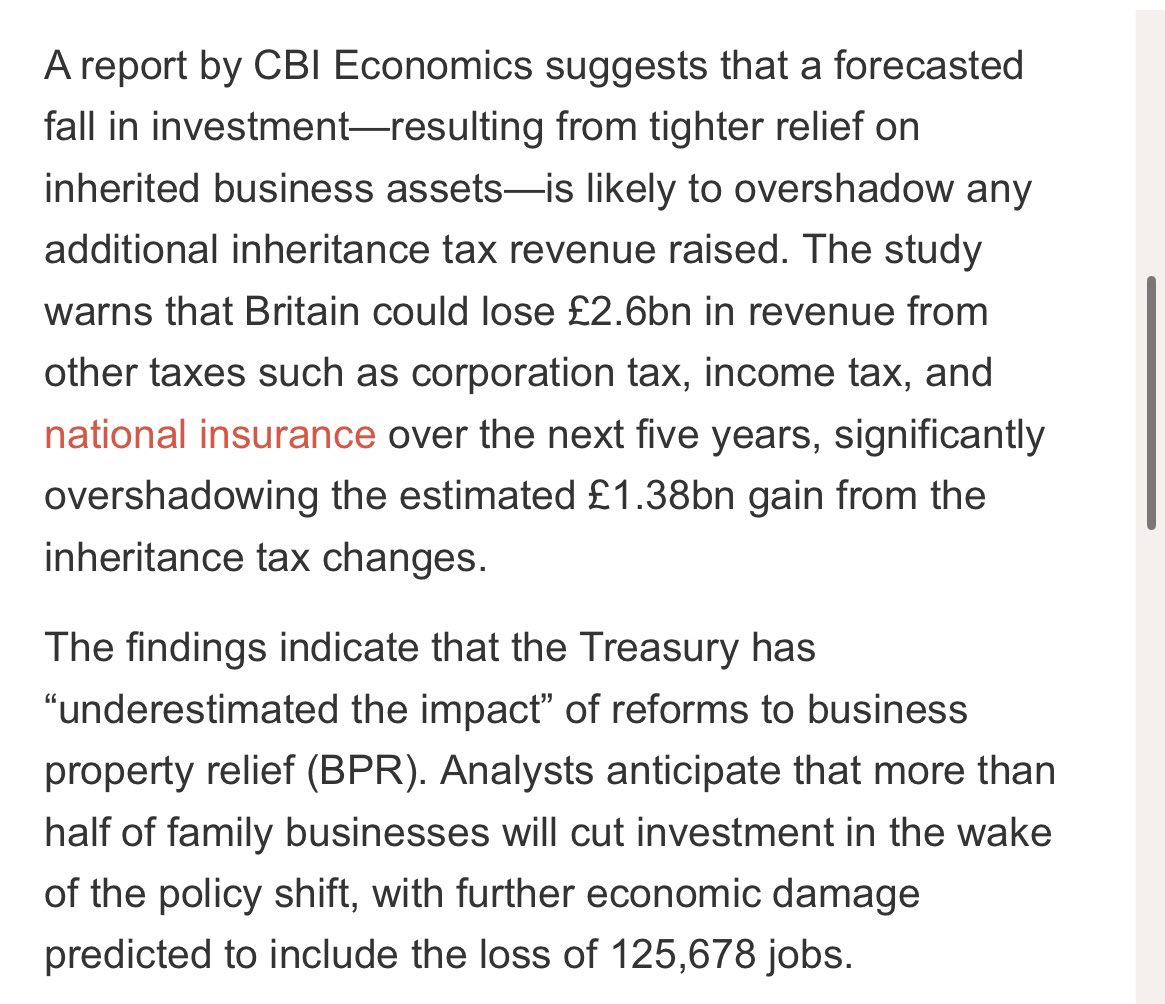 CBI Economics have stated the Labour government’s inheritance tax on family businesses will mean over 125,000 job losses and cost twice what it raises in tax. It’s a disaster waiting to happen and must be reversed by the government before any further collateral damage occurs.