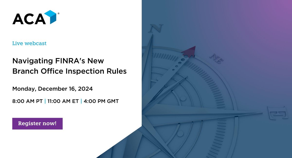 ACACompliance's tweet image. Big changes are here for FINRA branch office inspections. Are you ready to navigate the new RSL designation and the Remote Branch Office Inspection Pilot Program?

Join us today for a must-attend webcast: hubs.ly/Q02_qsq50

#FINRA #RSLs #branchoffices #brokerdealers