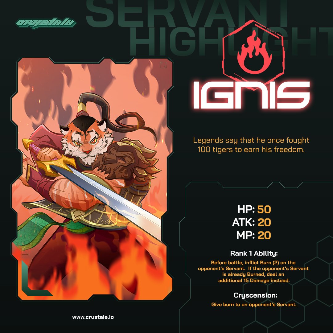 Crystaleio's tweet photo. 🔥Servant Highlight: IGNIS 🔥
Meet Ignis, the bringer of flames!
Before battle, their fiery power inflicts Burn on the opponent’s Servant. Already burning? Ignis cranks up the heat with an extra 15 Damage instead.
Are you ready to wield the flames? 🔥✨
#Crystale #ServantHighlight #Ignis #Web3Gaming