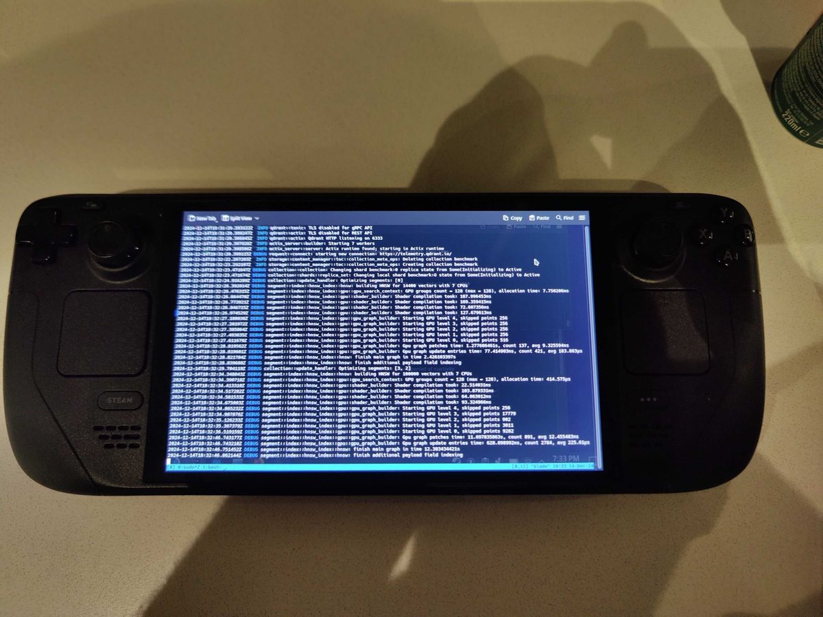 qdrant_engine's tweet photo. Quick preview of the next release feature. It is @qdrant_engine running in cluster mode on 𝐒𝐭𝐞𝐚𝐦 𝐃𝐞𝐜𝐤 😁 and leveraging 𝐆𝐏𝐔 𝐚𝐜𝐜𝐞𝐥𝐞𝐫𝐚𝐭𝐢𝐨𝐧 to construct the HNSW ANN index. Just a few seconds for 100K data points index building. Coming soon. 🚀 https://t.co/G4zdsnunyy