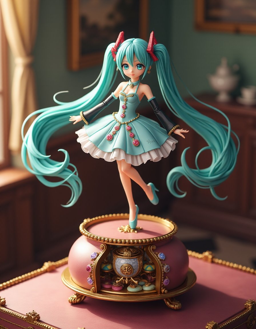 sanzi_sannzi's tweet photo. ふと初音ミクのオルゴール付きフィギュアを思い出しました。受注生産で完成まで2年位掛かるという高級品で流石に手が出ませんでした。調べたらとっくに販売されていてプレ値が付いていよいよ縁遠く成ってしまいました。
 せめて #SVD で #AI動画 にしてみました。
#Flux.1 #WebUIForge #ComfyUI https://t.co/j8LCSPLKOr