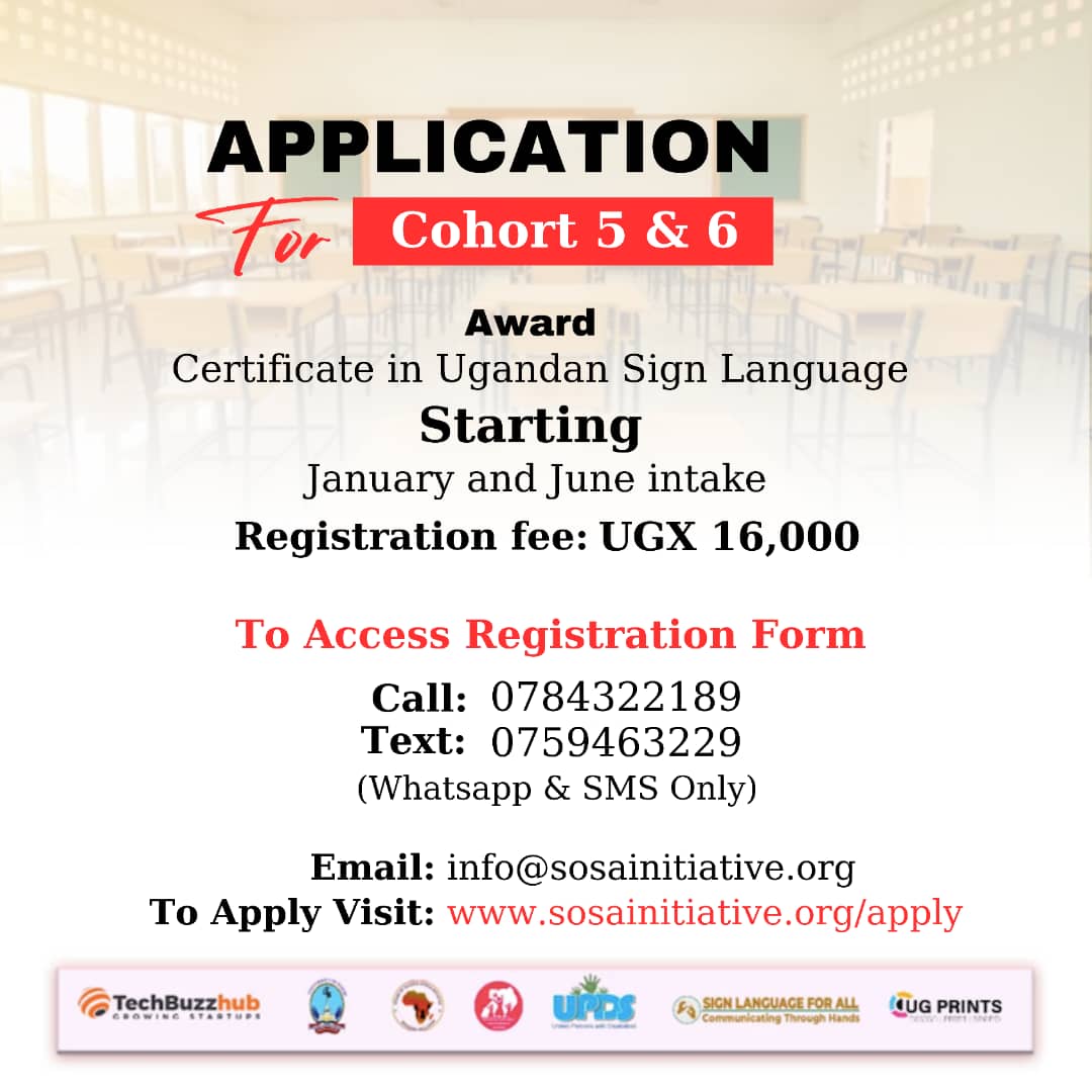 Sound of Silence Africa Initiative (@sosai256) on Twitter photo Join our Cohort 5 & 6 Sign Language for All Programs in 2025 and earn a Certificate in Ugandan Sign Language!
Start: Jan & June
Reg Fee: 16k
Apply now: sosainitiative.org/apply/
📞 Call: 0784322189
📱 WhatsApp/SMS: 0759463229
📧 Email: info@sosainitiative.org Join our Cohort 5 & 6 Sign Language for All Programs in 2025 and earn a Certificate in Ugandan Sign Language!
Start: Jan & June
Reg Fee: 16k
Apply now: sosainitiative.org/apply/
📞 Call: 0784322189
📱 WhatsApp/SMS: 0759463229
📧 Email: info@sosainitiative.org
